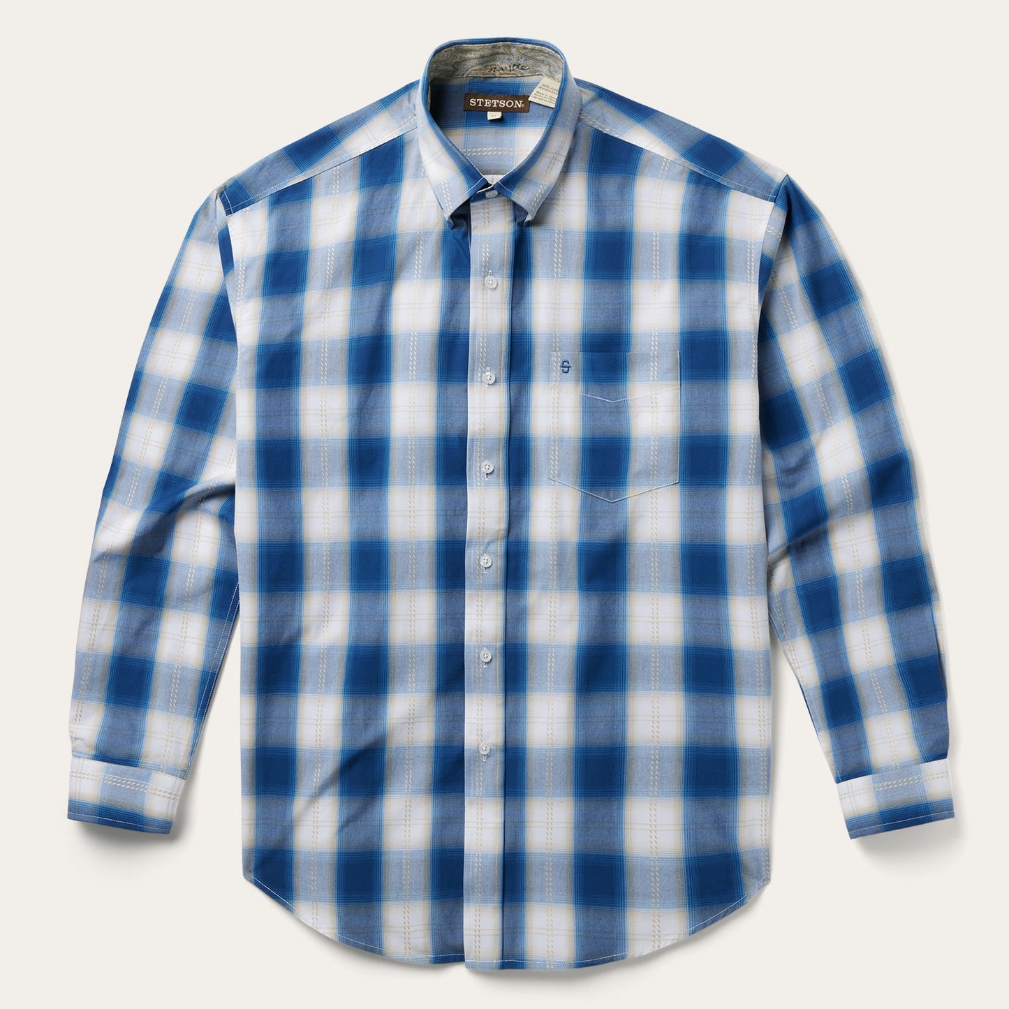 Navy Gold Ombre Plaid Short Sleeve Western Shirt Blue