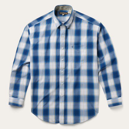 Navy Gold Ombre Plaid Short Sleeve Western Shirt Blue