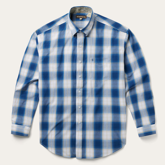 Navy Gold Ombre Plaid Short Sleeve Western Shirt Blue