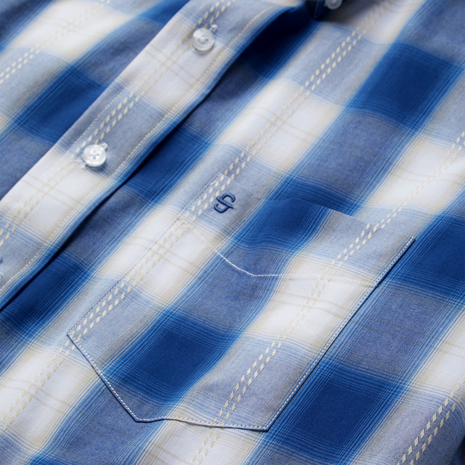 Navy Gold Ombre Plaid Short Sleeve Western Shirt Blue