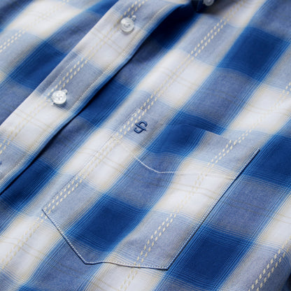 Navy Gold Ombre Plaid Short Sleeve Western Shirt Blue