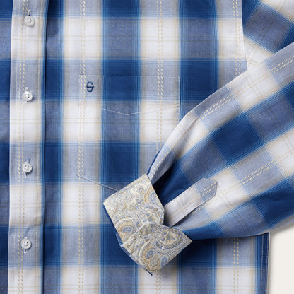 Navy Gold Ombre Plaid Short Sleeve Western Shirt Blue