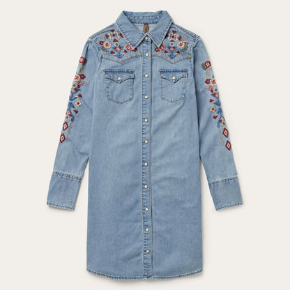 Embroidered Denim Shirt Dress Blue