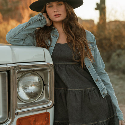 Dark Denim Dress With Contrast Top Stitching Blue