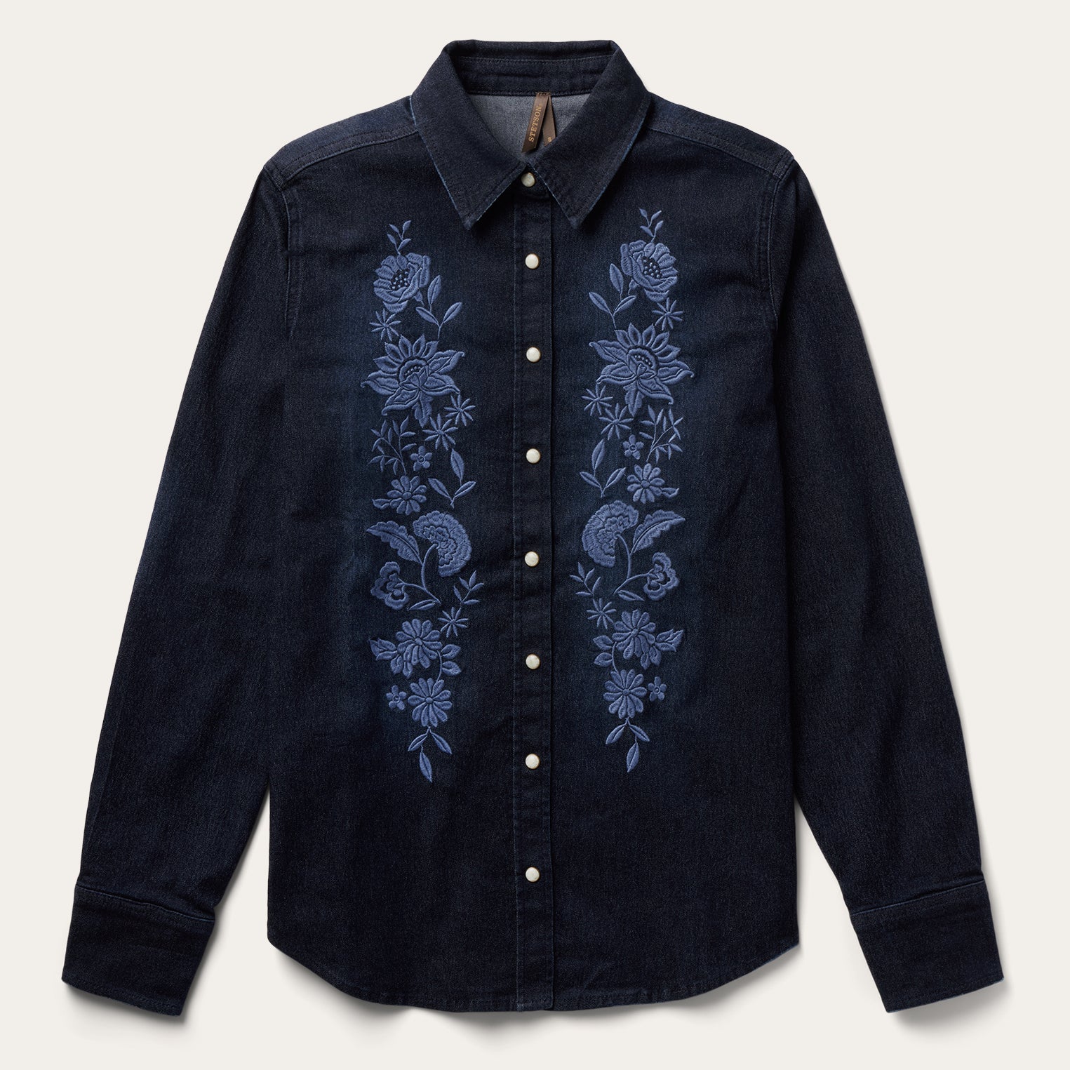 Embroidered Dark Denim Snap Front Shirt Blue