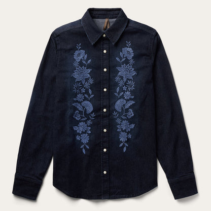 Embroidered Dark Denim Snap Front Shirt Blue
