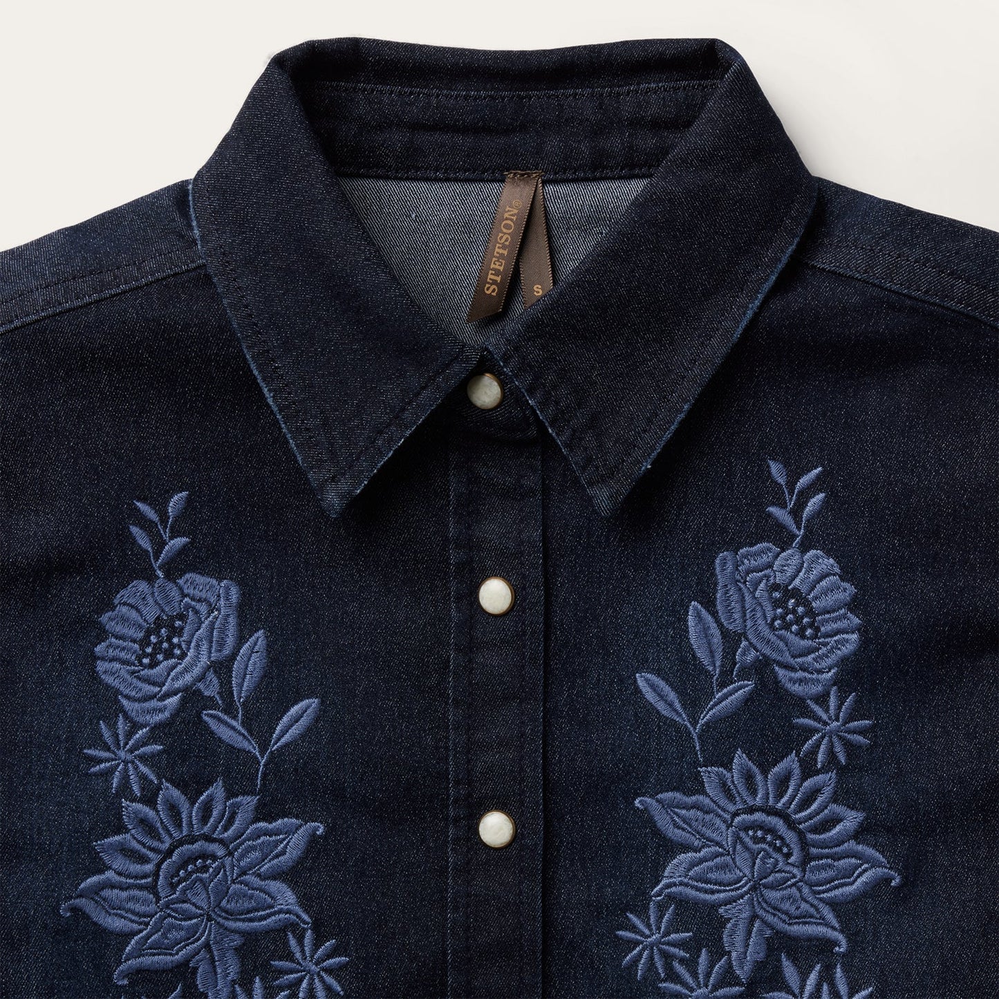 Embroidered Dark Denim Snap Front Shirt Blue
