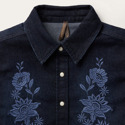 Embroidered Dark Denim Snap Front Shirt Blue