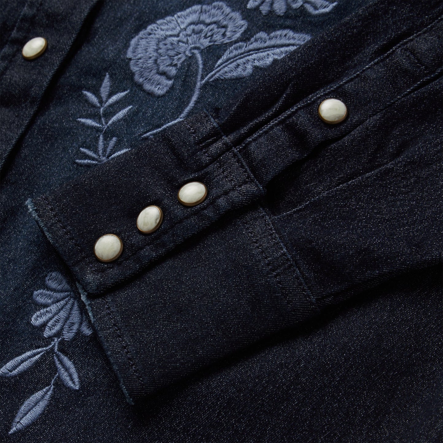 Embroidered Dark Denim Snap Front Shirt Blue