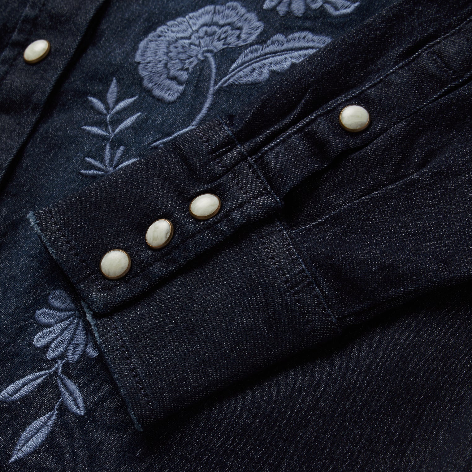 Embroidered Dark Denim Snap Front Shirt Blue