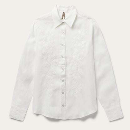 Floral Embroidered White Linen Shirt White