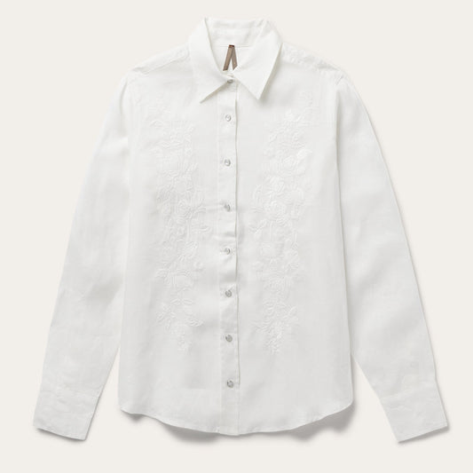 Floral Embroidered White Linen Shirt White