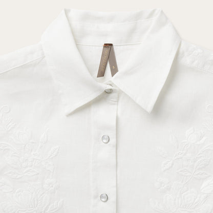 Floral Embroidered White Linen Shirt White