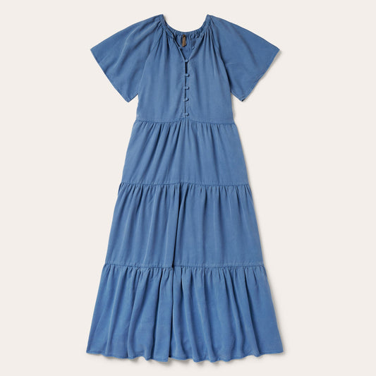 Denim Long Three Tiered Dress Blue