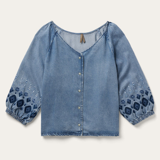Denim Snap Front Blouse Blue
