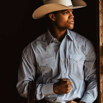 Two Stripe Check Western Shirt Blue