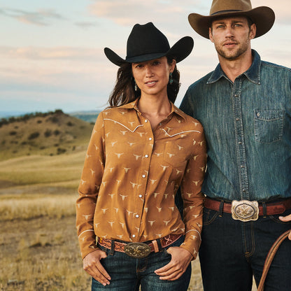 Mojave Longhorn Print Snap Western Shirt Brown
