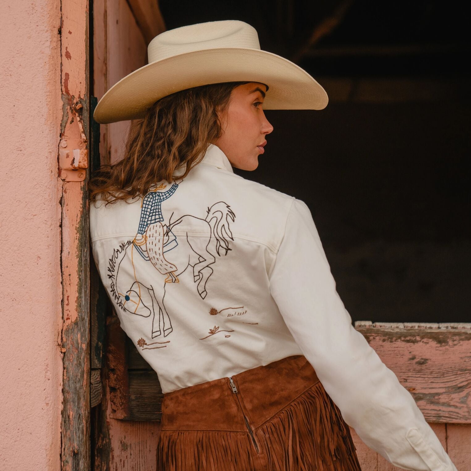 Western Embroidered Denim Shirt White