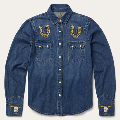 Embroidered Dark Denim Western Shirt Blue
