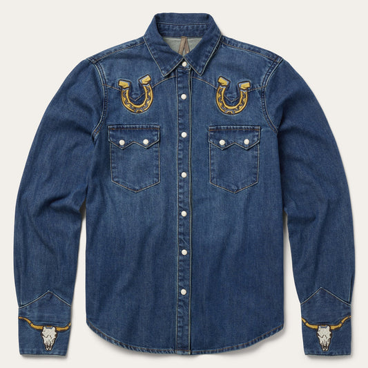 Embroidered Dark Denim Western Shirt Blue