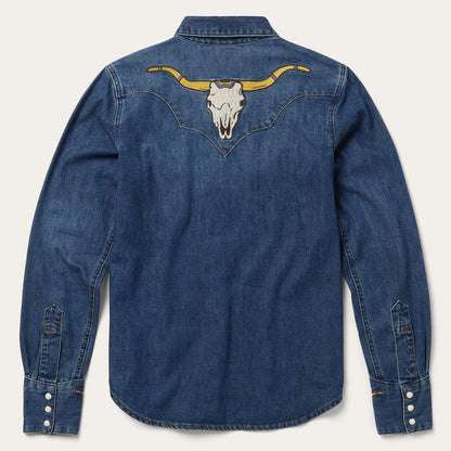 Embroidered Dark Denim Western Shirt Blue