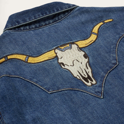 Embroidered Dark Denim Western Shirt Blue
