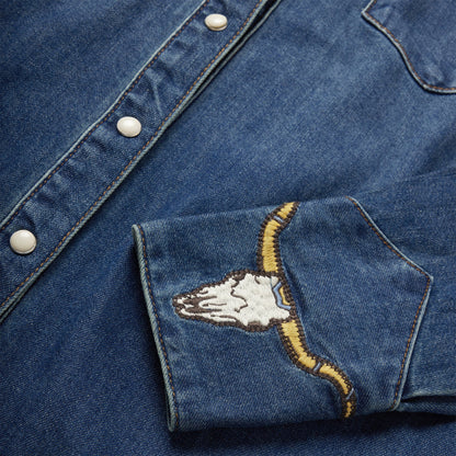 Embroidered Dark Denim Western Shirt Blue
