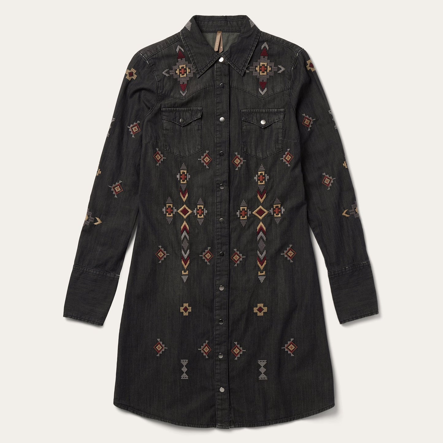 Embroidered Black Denim Shirt Dress Black