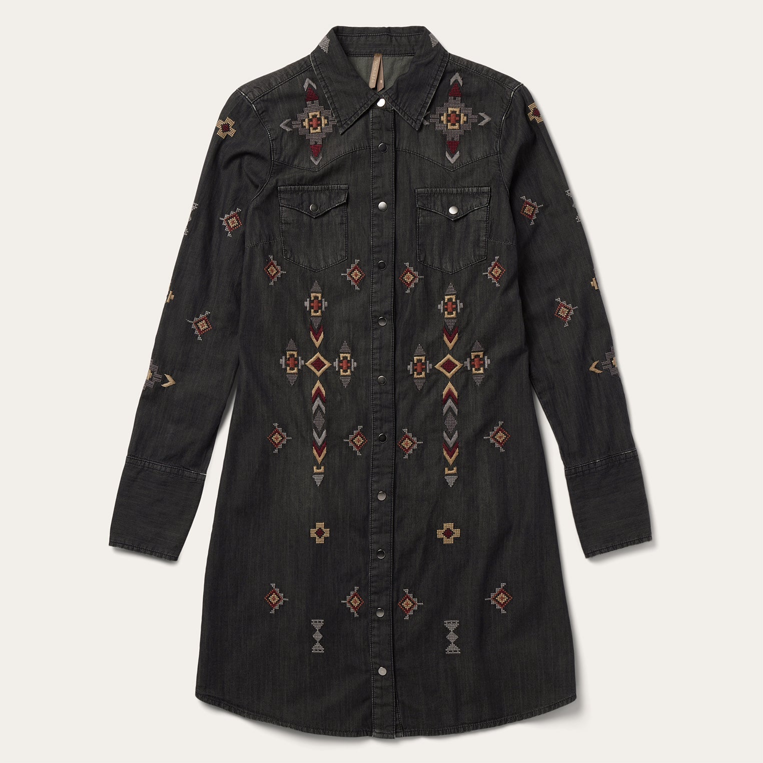 Embroidered Black Denim Shirt Dress Black