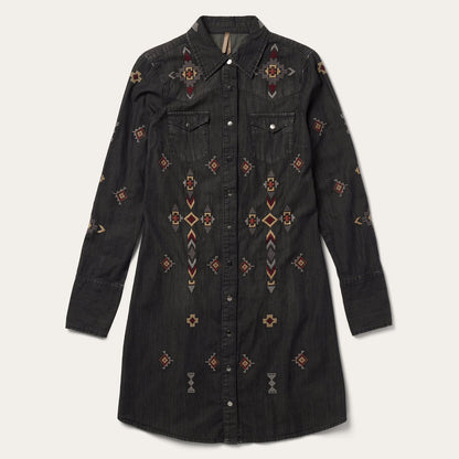 Embroidered Black Denim Shirt Dress Black