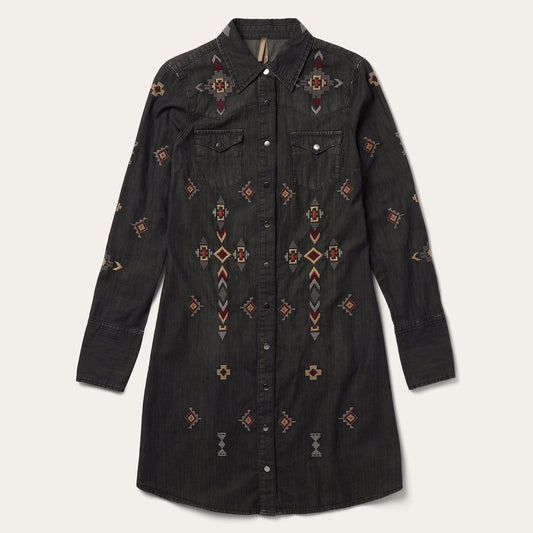 Embroidered Black Denim Shirt Dress Black