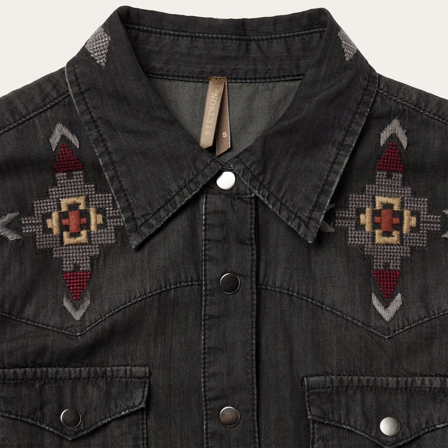 Embroidered Black Denim Shirt Dress Black