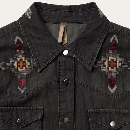 Embroidered Black Denim Shirt Dress Black