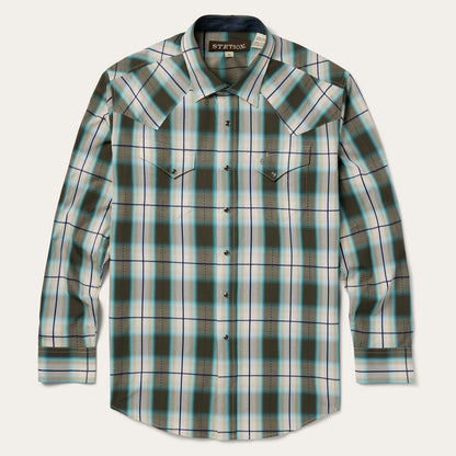 Olive Ombre Plaid Western Shirt Green