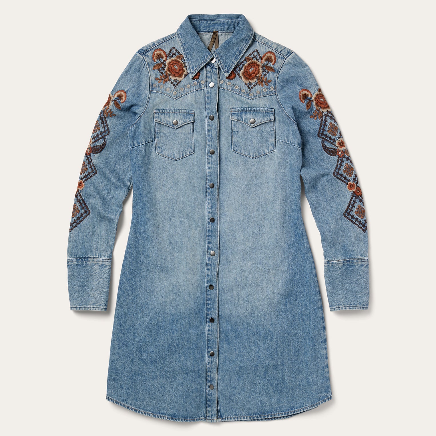 Floral Embroidered Denim Shirt Dress Blue