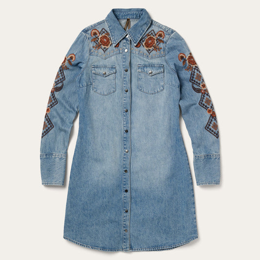 Floral Embroidered Denim Shirt Dress Blue