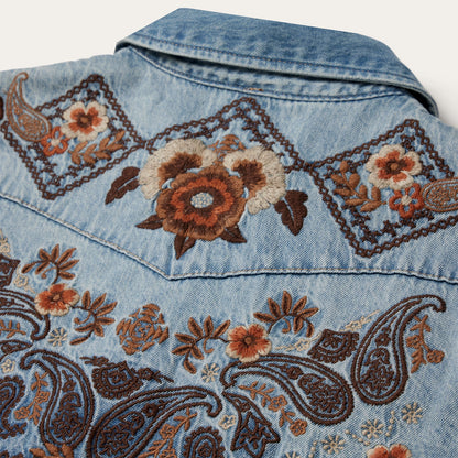 Floral Embroidered Denim Shirt Dress Blue