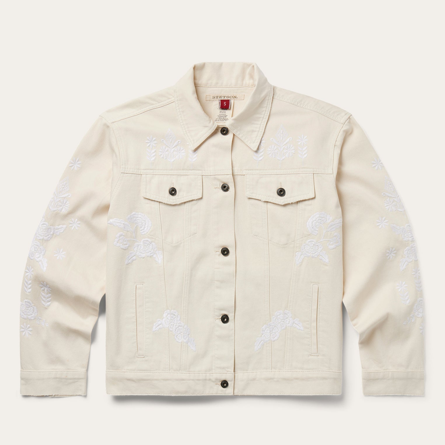Embroidered Cream Denim Jacket White