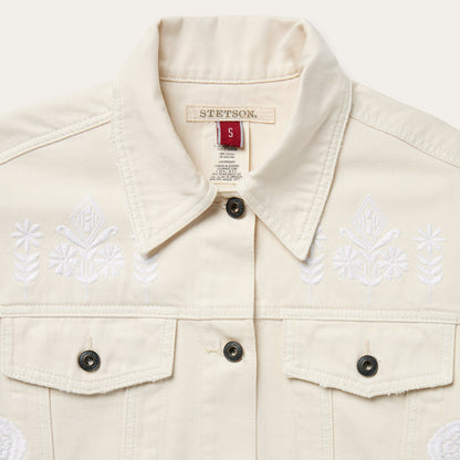 Embroidered Cream Denim Jacket White