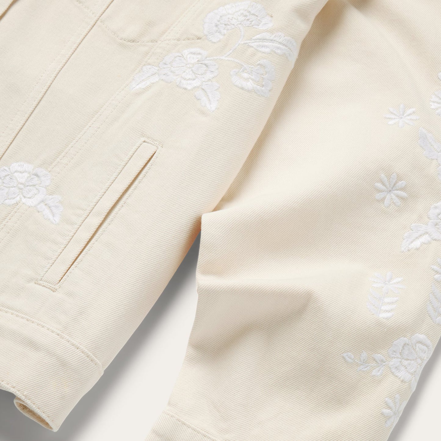 Embroidered Cream Denim Jacket White