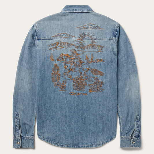 Embroidered Light Denim Shirt Blue
