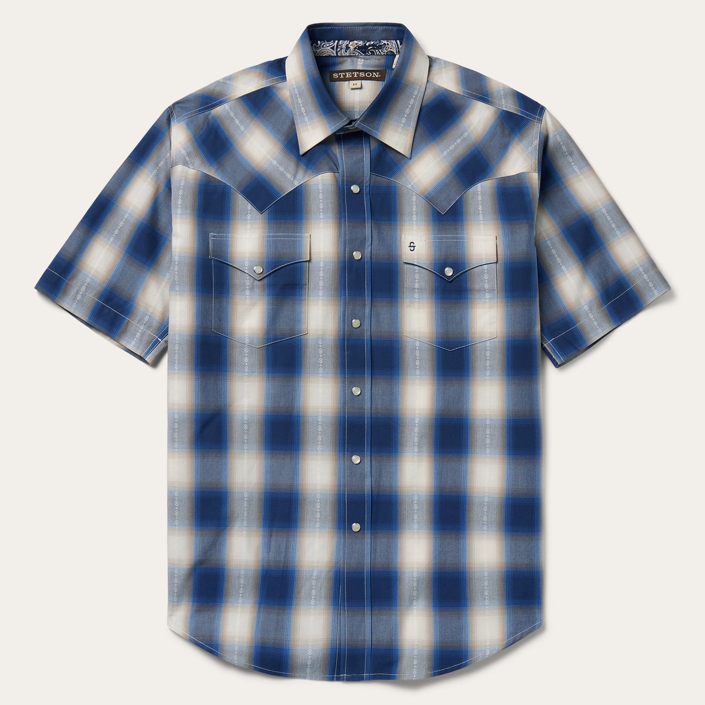 Blue Ombre Plaid Short Sleeve Western Shirt Blue