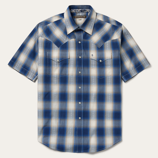 Blue Ombre Plaid Short Sleeve Western Shirt Blue