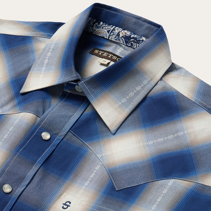 Blue Ombre Plaid Short Sleeve Western Shirt Blue