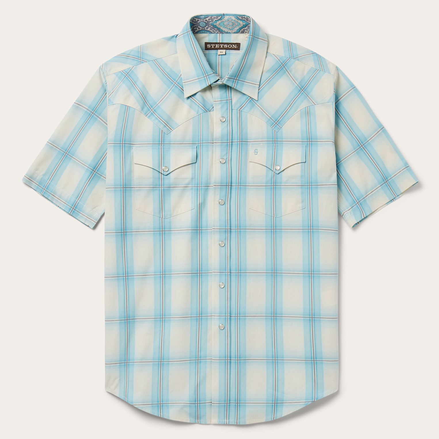 Ombre Plaid Short Sleeve Western Shirt Blue