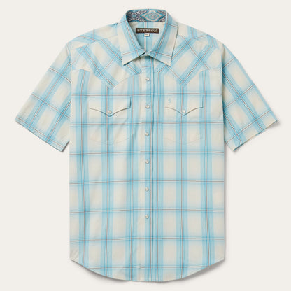 Ombre Plaid Short Sleeve Western Shirt Blue