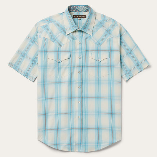 Ombre Plaid Short Sleeve Western Shirt Blue