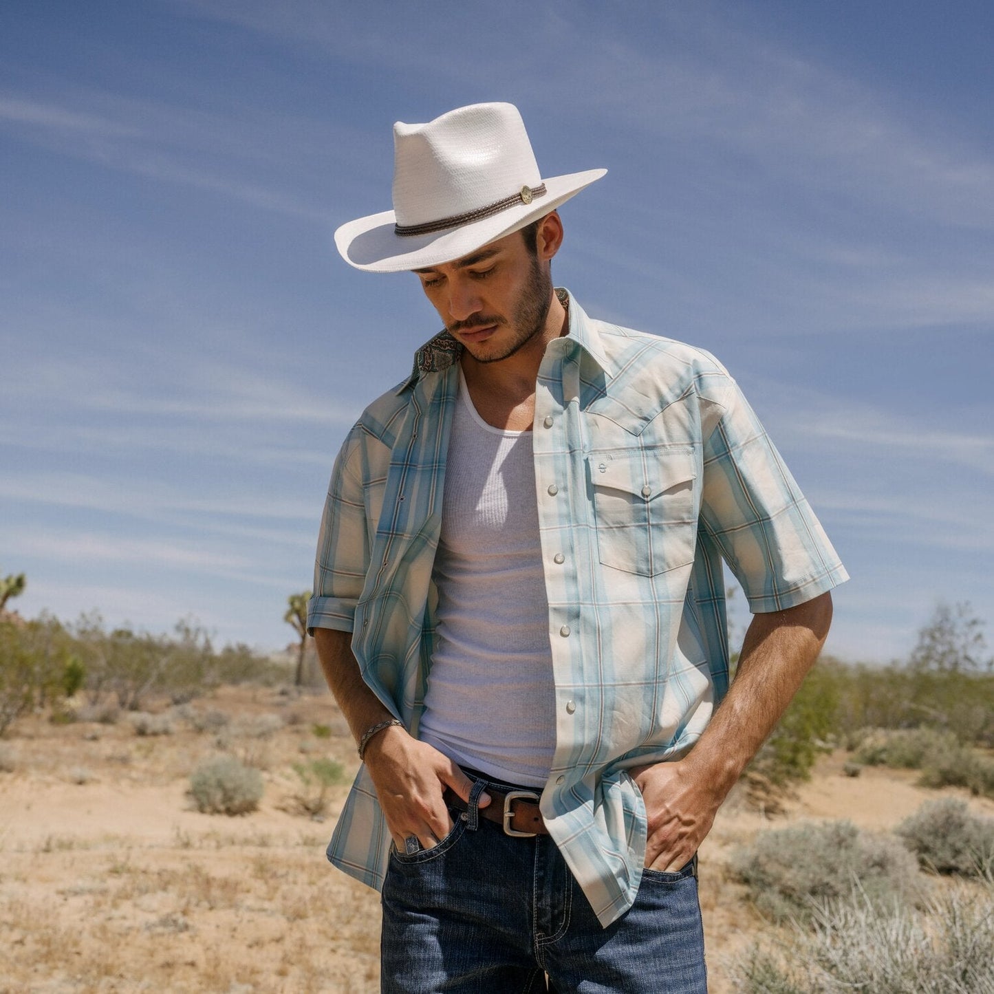 Ombre Plaid Short Sleeve Western Shirt Blue