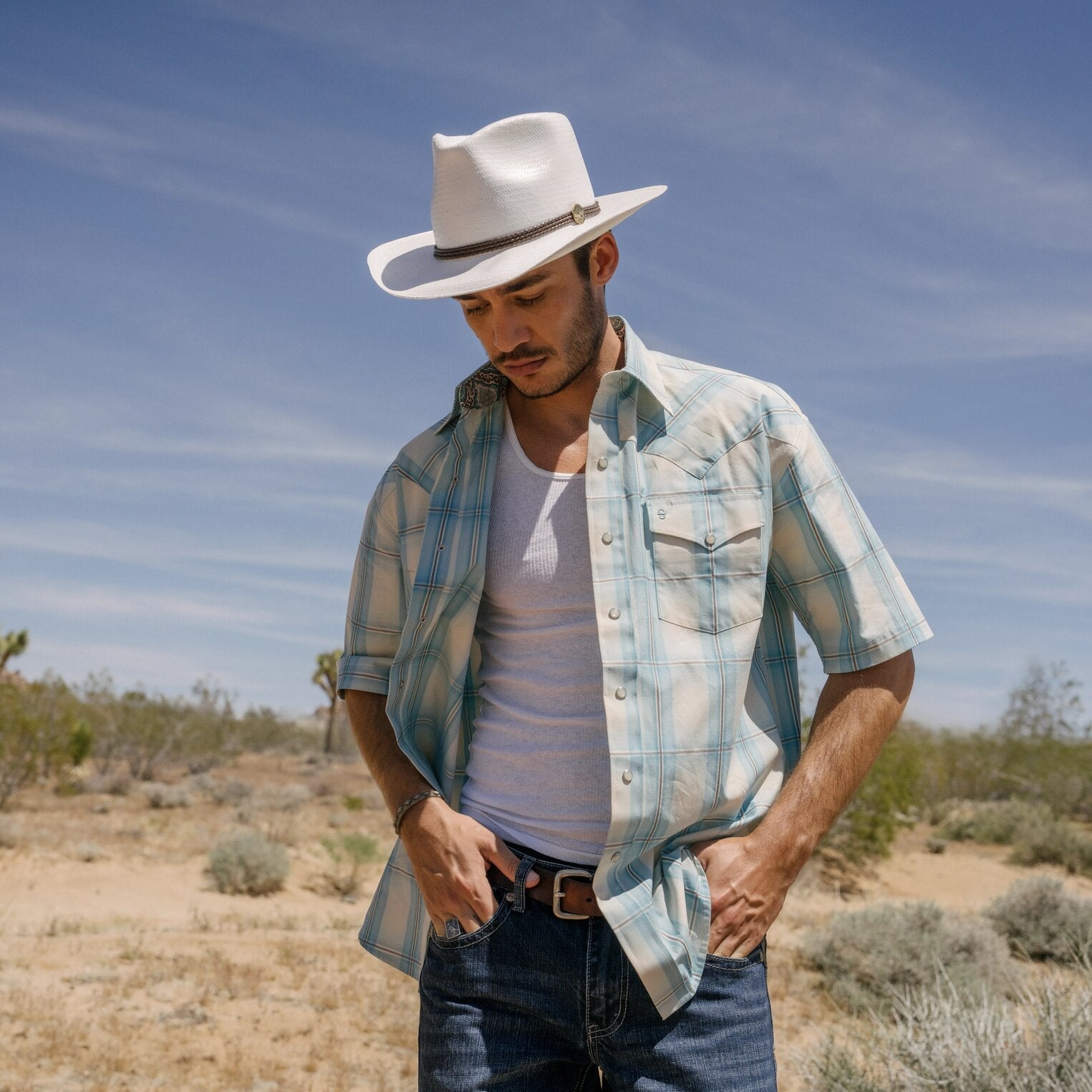 Ombre Plaid Short Sleeve Western Shirt Blue