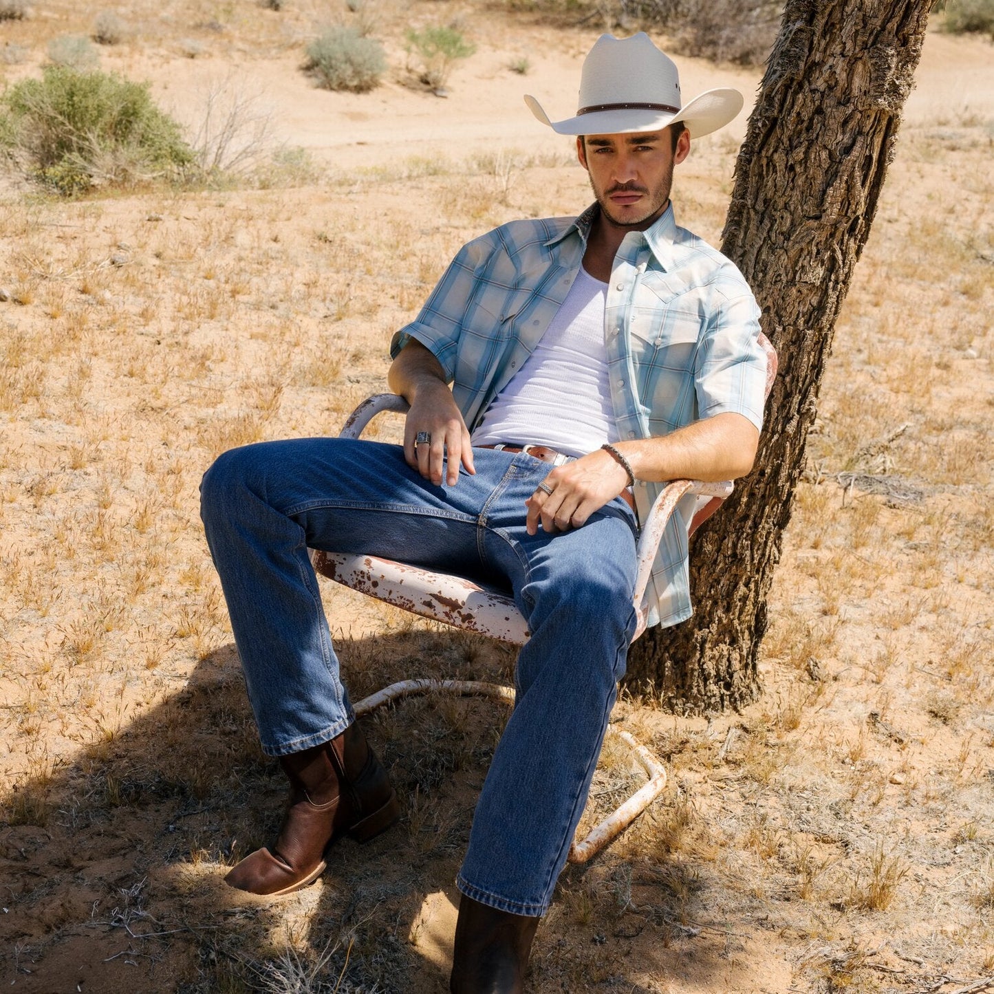 Ombre Plaid Short Sleeve Western Shirt Blue